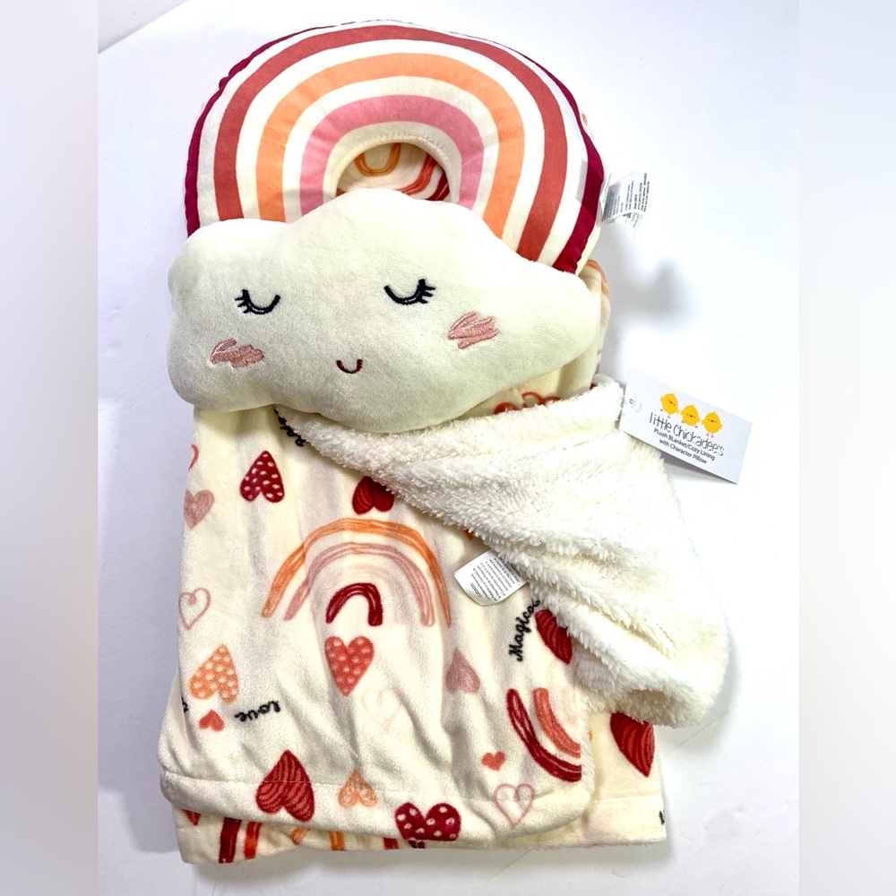 Little Chickadee's Neutral Rainbow and Cloud Baby Blanket and Pillow Set NWT